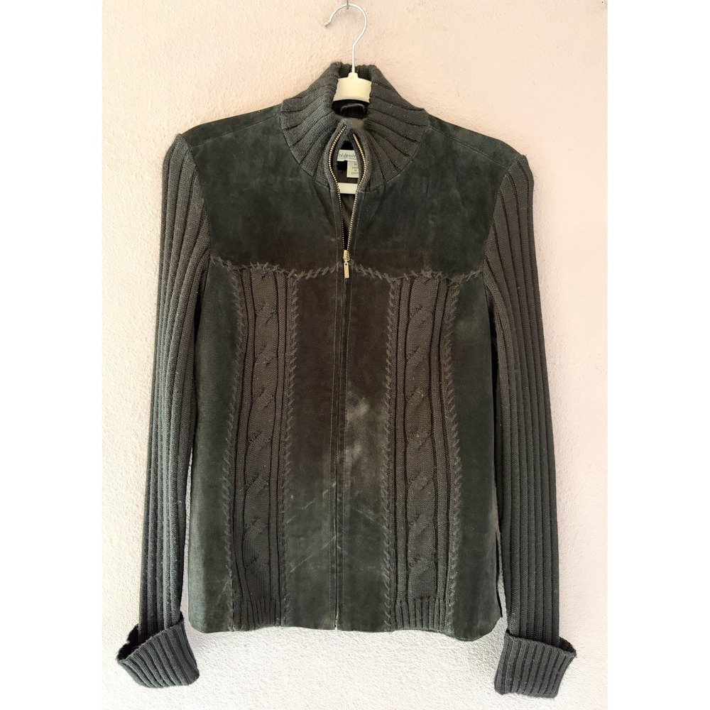 Y2K Coldwater Creek M Black Suede Leather Cable Knit Zip Up‎ Jacket Western 90s